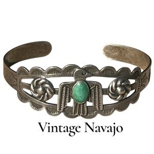 Vintage Navajo Thunderbird Totem Silver/Turquoise artist Signed Cuff Bracelet